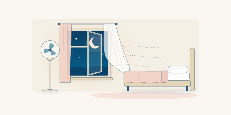 Illustration of a calm bedroom on a summer night, with an open window, a sheer curtain lifting in the breeze, a crescent moon, a pedestal fan and a bed with a light sheet